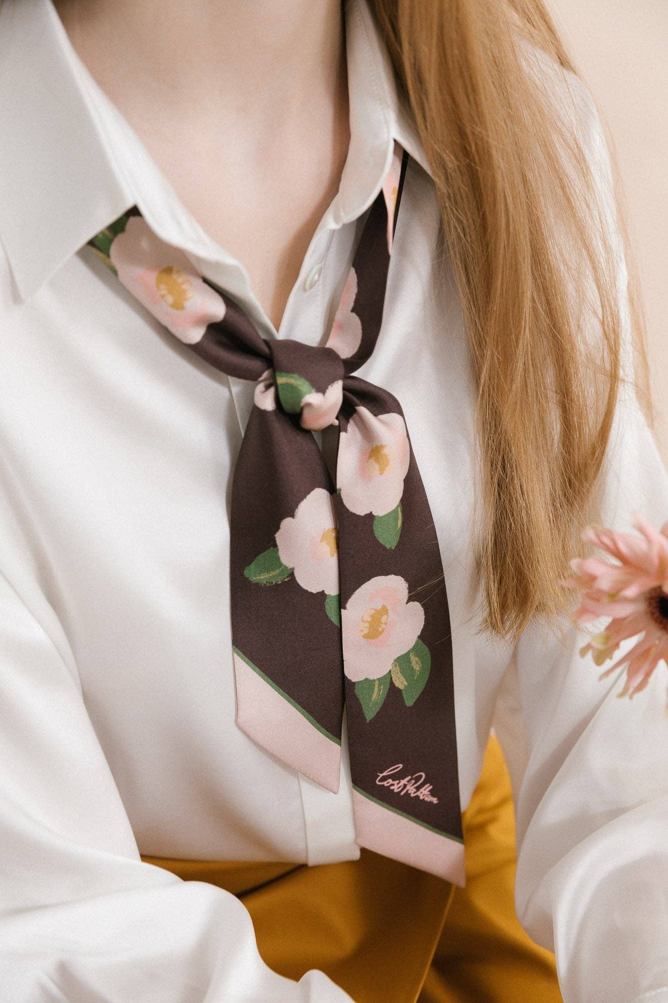 "Camellia" Silk Twilly Neck Bow - Dark Brown