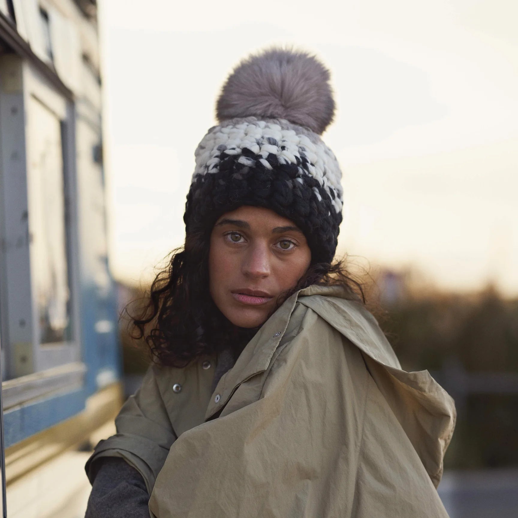 Stripe beanie browns and black + taupe pom