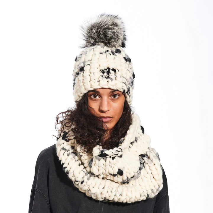 Light floral beanie + silver/black pom