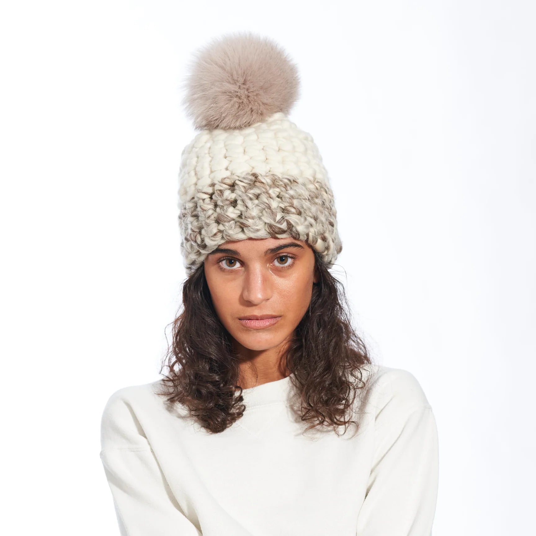 White, marble beanie color block + taupe pom